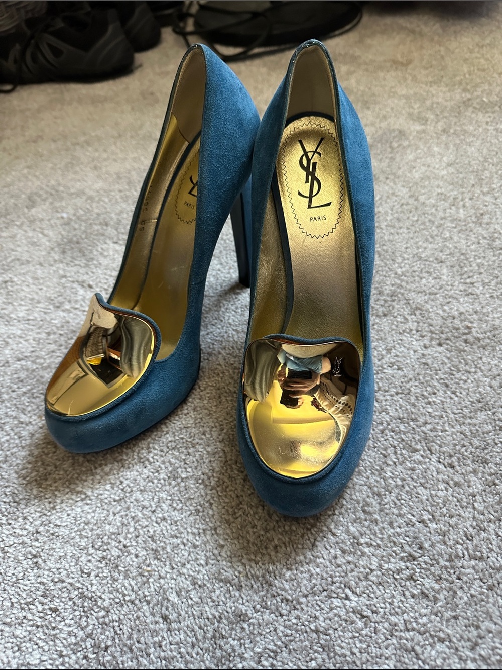 Yves Saint Laurent Teal Suede Platform Pumps with Gold Toe Cap